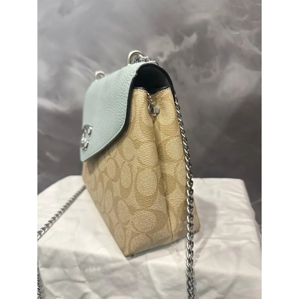 Coach Tammie Shoulder Bag in Signature Canvas Khaki Teal Chain Strap C6784